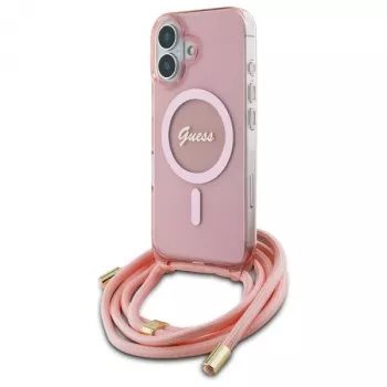 Guess GUHMP16SHCTSGNSP iPhone 16 6,1 inch coque rigide rose cordon bandoulière Script MagSafe