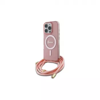 Guess GUHMP16XHCTSGNSP iPhone 16 Pro Max 6,9 inch coque rigide rose cordon bandoulière Script MagSafe