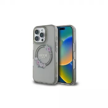 Guess GUHMP16LHFWFCK iPhone 16 Pro coque rigide IML Flowers Wreath MagSafe noire
