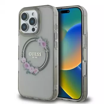 Guess GUHMP16XHFWFCK iPhone 16 Pro Max 6,9 inch coque rigide noire IML Flowers Wreath MagSafe