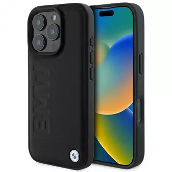 BMW coque rigide cuir Hot Stamp pour iPhone 16 Pro 6,3 inch noire