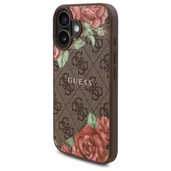 Guess GUHMP16SP4ROPEMCW coque rigide pour Apple iPhone 16 6,1 inch marron impression 4G Flowers MagSafe