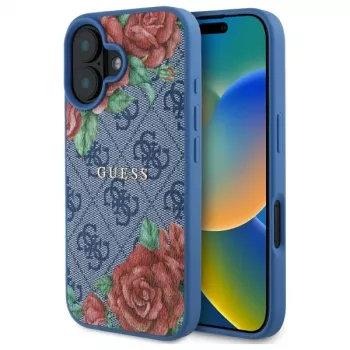 Guess GUHMP16SP4ROPEMCB coque rigide bleue 4G Flowers Print MagSafe pour iPhone 16 6,1 inch