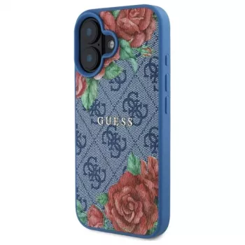 Guess GUHMP16SP4ROPEMCB coque rigide bleue 4G Flowers Print MagSafe pour iPhone 16 6,1 inch