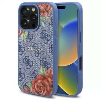 Guess GUHMP16LP4ROPEMCB coque rigide bleue 4G Flowers Print MagSafe pour iPhone 16 Pro 6,3 inch