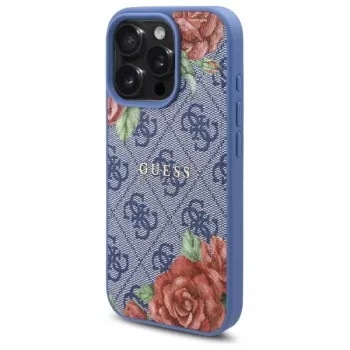 Guess GUHMP16LP4ROPEMCB coque rigide bleue 4G Flowers Print MagSafe pour iPhone 16 Pro 6,3 inch