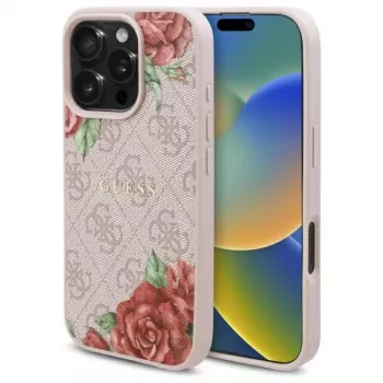 Guess GUHMP16LP4ROPEMCP coque rigide rose 4G Flowers Print MagSafe pour iPhone 16 Pro 6,3 inch