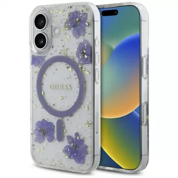 Guess Resin Flowers Glitter coque MagSafe pour iPhone 16 violet