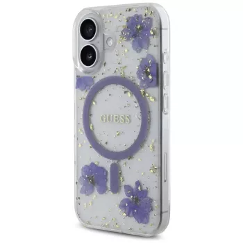 Guess Resin Flowers Glitter coque MagSafe pour iPhone 16 violet