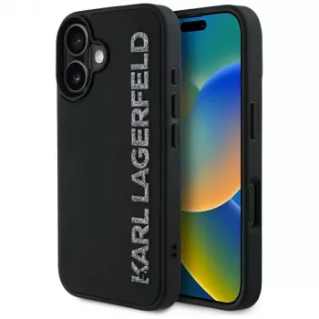 KARL LAGERFELD HC 3D Rubber Elongated Glitter coque pour iPhone 16, noir