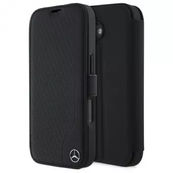 Mercedes-Benz MEBKP16S23RBGVK coque à rabat pour iPhone 16 6.1, noire, simili cuir et imitation bois