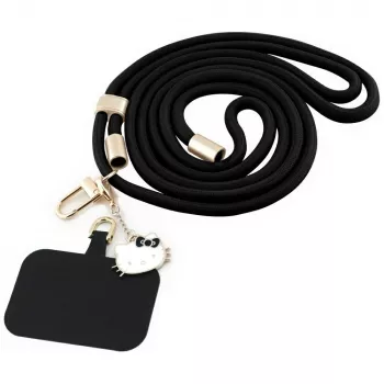 HELLO KITTY Dragonne universelle pour téléphone avec patch et breloque tête de Kitty noire