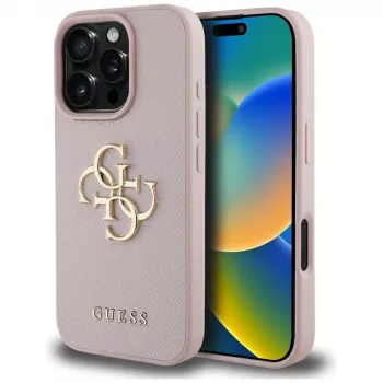 Coque arrière Guess Grained Big 4G Logo Small Classic Logo pour Apple iPhone 16 Pro (rose)