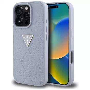 Coque arrière Guess Hot Stamp 4G Pattern Triangle Metal Logo pour iPhone 16 Pro, violet