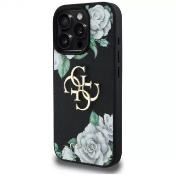 Coque Guess Grained Roses Big 4G Logo pour Apple iPhone 16 Pro, noir