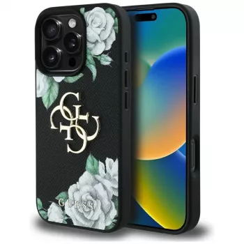 Coque Guess Grained Roses Big 4G Logo pour iPhone 16 Pro Max, noir
