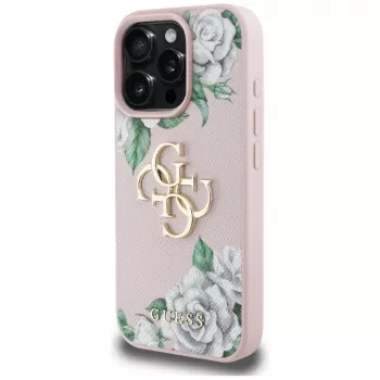 Coque Guess Grained Roses Big 4G Logo pour Apple iPhone 16 Pro, rose