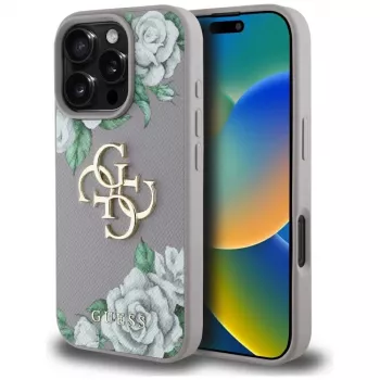 Coque arrière Guess Grained Roses Big 4G Logo pour Apple iPhone 16 Pro - violet