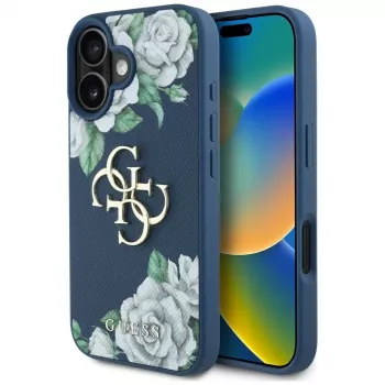Coque Guess Grained Roses Big 4G Logo pour Apple iPhone 16 - bleu