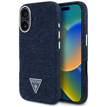 Coque MagSafe Guess Denim Triangle Logo pour iPhone 16 bleu