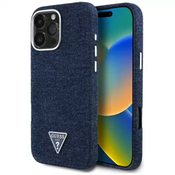 Coque MagSafe Guess Denim Triangle Logo pour Apple iPhone 16 Pro Max bleu