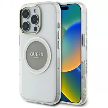 Coque MagSafe Guess IML Metal Colored Circle Classic Logo pour iPhone 16 Pro (gris)