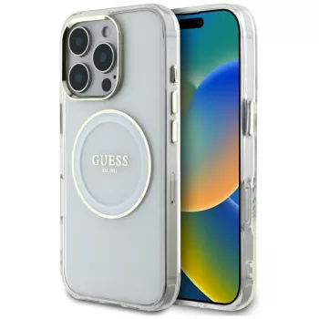 Coque MagSafe Guess IML Metal Colored Circle Classic Logo pour iPhone 16 Pro Max (blanc)