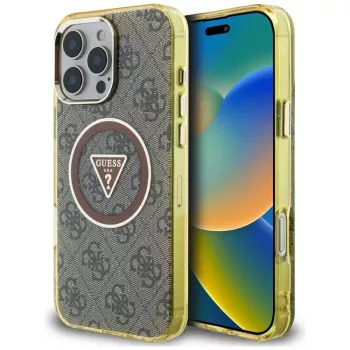 Coque MagSafe Guess IML Metal Glitter 4G Circle Triangle pour iPhone 16 Pro (marron)