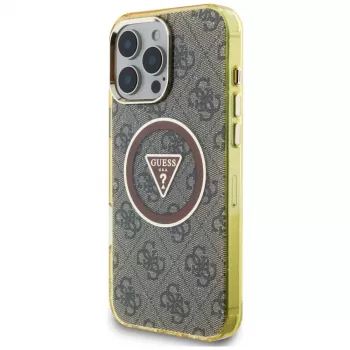 Coque MagSafe Guess IML Metal Glitter 4G Circle Triangle pour iPhone 16 Pro Max (marron)