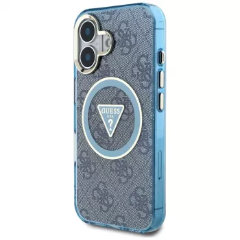 Coque MagSafe Guess IML Metal Glitter 4G Circle Triangle pour iPhone 16 (bleu)