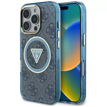 Coque MagSafe Guess IML Metal Glitter 4G Circle Triangle pour iPhone 16 Pro Max (bleu)