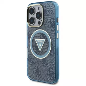Coque MagSafe Guess IML Metal Glitter 4G Circle Triangle pour iPhone 16 Pro Max (bleu)