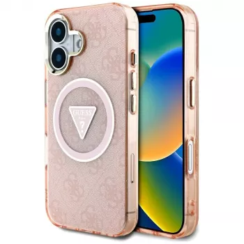 Coque MagSafe Guess IML Metal Glitter 4G Circle Triangle pour iPhone 16 (rose)