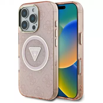 Coque MagSafe Guess IML Metal Glitter 4G Circle Triangle pour Apple iPhone 16 Pro Max (rose)