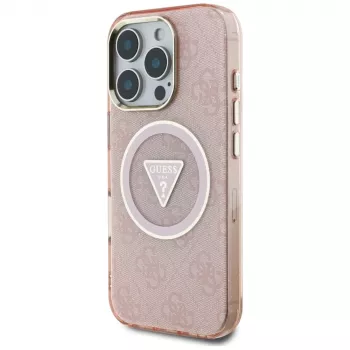 Coque MagSafe Guess IML Metal Glitter 4G Circle Triangle pour Apple iPhone 16 Pro Max (rose)