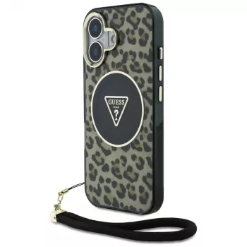 Coque Guess HC IML Leopard Triangle pour iPhone 16 avec cordon, marron, MagSafe