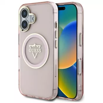 Coque MagSafe Guess IML Metal Mountain Logo pour Apple iPhone 16 (rose)