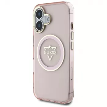 Coque MagSafe Guess IML Metal Mountain Logo pour Apple iPhone 16 (rose)