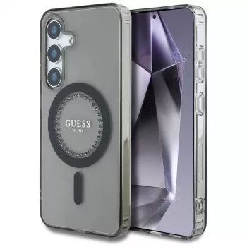 Coque MagSafe Guess Rhinestones Printed Classic Logo pour Samsung Galaxy S25 (noir)