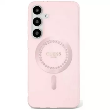 Coque MagSafe Guess Rhinestones Printed Classic Logo pour Samsung Galaxy S25 (rose)