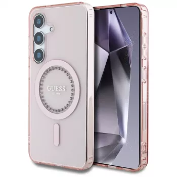 Coque MagSafe Guess Rhinestones Printed Classic Logo pour Samsung Galaxy S25 (rose)