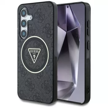 Coque MagSafe Guess 4G Glitter Triangle Buttons pour Samsung Galaxy S25, noire