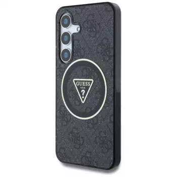 Coque MagSafe Guess 4G Glitter Triangle Buttons pour Samsung Galaxy S25, noire