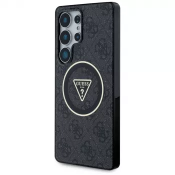 Coque MagSafe Guess 4G Glitter Triangle Buttons pour Samsung Galaxy S25 Ultra, noir