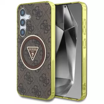 Coque MagSafe Guess 4G Glitter Triangle Buttons pour Samsung Galaxy S25 (marron)