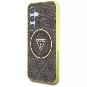 Coque MagSafe Guess 4G Glitter Triangle Buttons pour Samsung Galaxy S25 (marron)