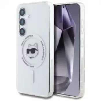 Coque MagSafe Karl Lagerfeld Button Choupette Head Printed Logo pour Samsung Galaxy S25, blanc