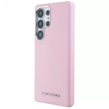 Coque MagSafe Karl Lagerfeld Saffiano FullWrapped allongée avec logo métallique pour Samsung Galaxy S25 Ultra rose