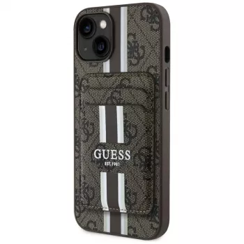Coque portefeuille Guess 4G Stripes avec MagSafe pour iPhone 15 marron