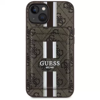 Coque portefeuille Guess 4G Stripes avec MagSafe pour iPhone 15 marron